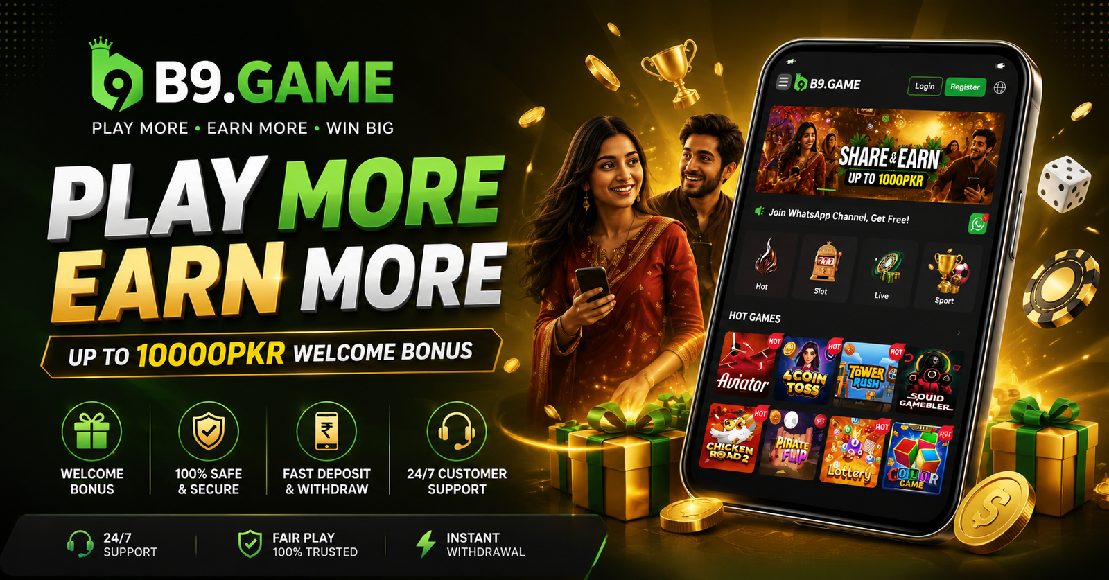 b9 game — Play More, Earn More. Up to Rs 10,000 welcome bonus banner